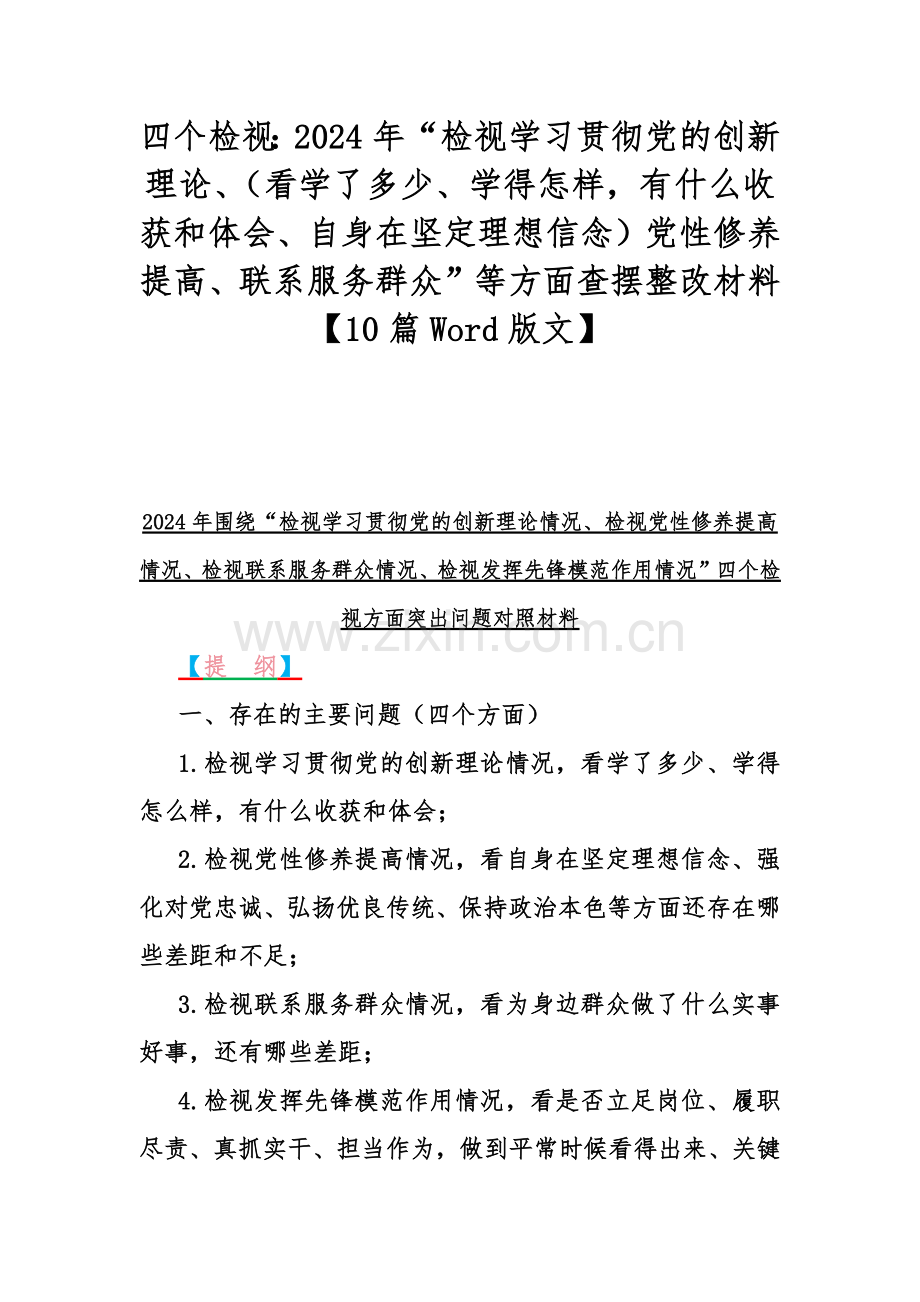 四个检视：2024年“检视学习贯彻党的创新理论、（看学了多少、学得怎样有什么收获和体会、自身在坚定理想信念）党性修养提高、联系服务群众”等方面查摆整改材料【10篇Word版文】.docx_第1页