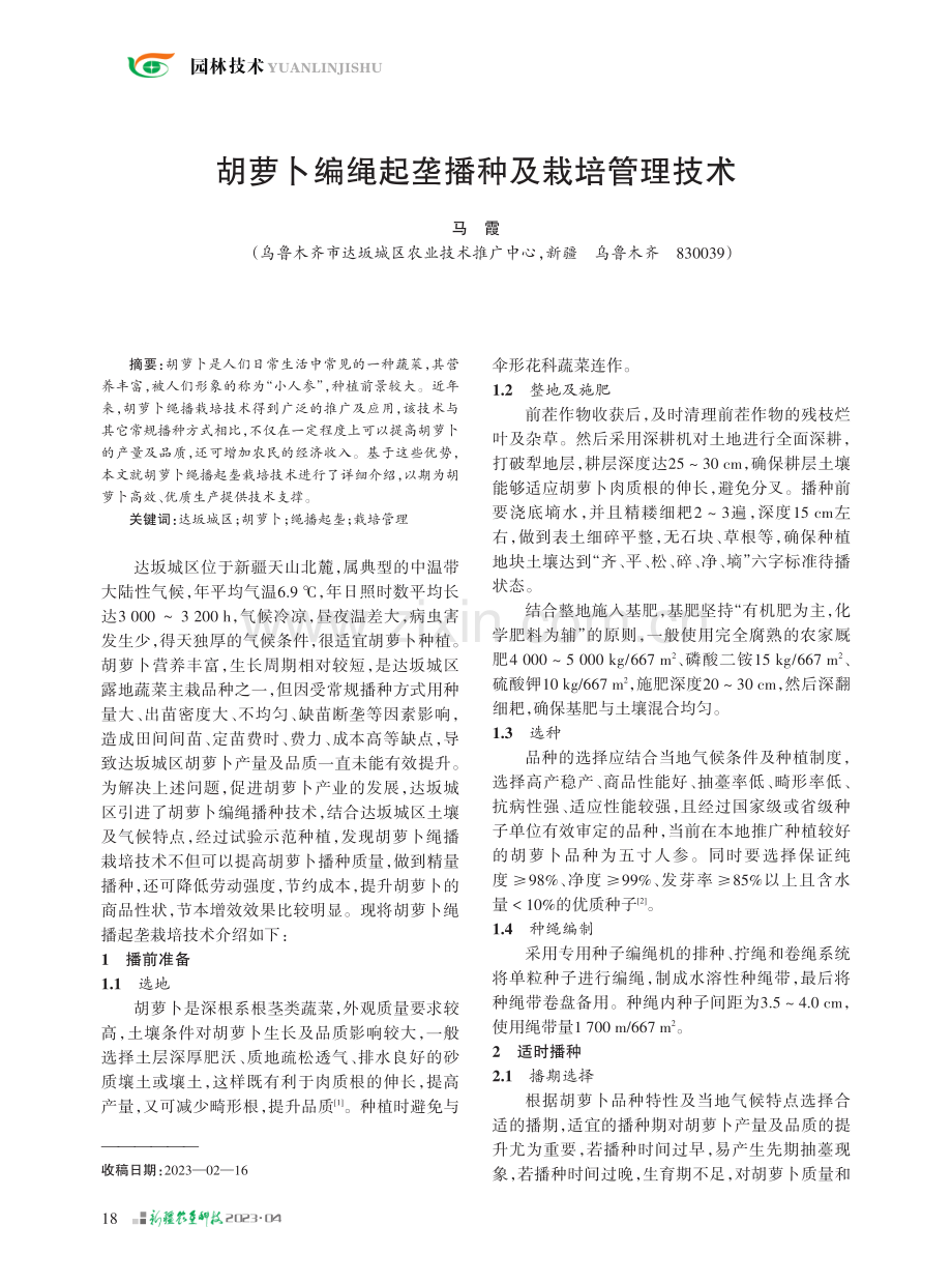 胡萝卜编绳起垄播种及栽培管理技术.pdf_第1页