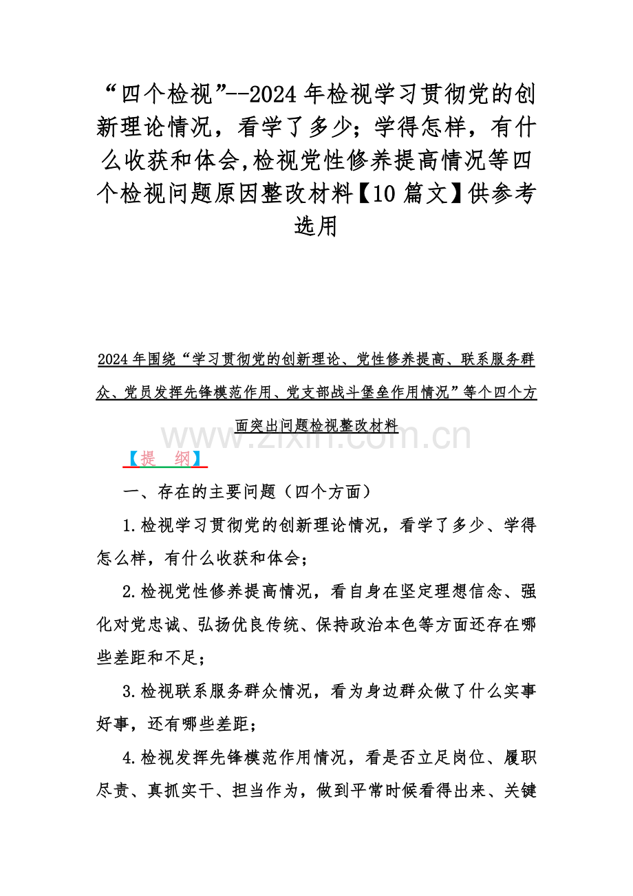 “四个检视”--2024年检视学习贯彻党的创新理论情况看学了多少；学得怎样有什么收获和体会,检视党性修养提高情况等四个检视问题原因整改材料【10篇文】供参考选用.docx_第1页