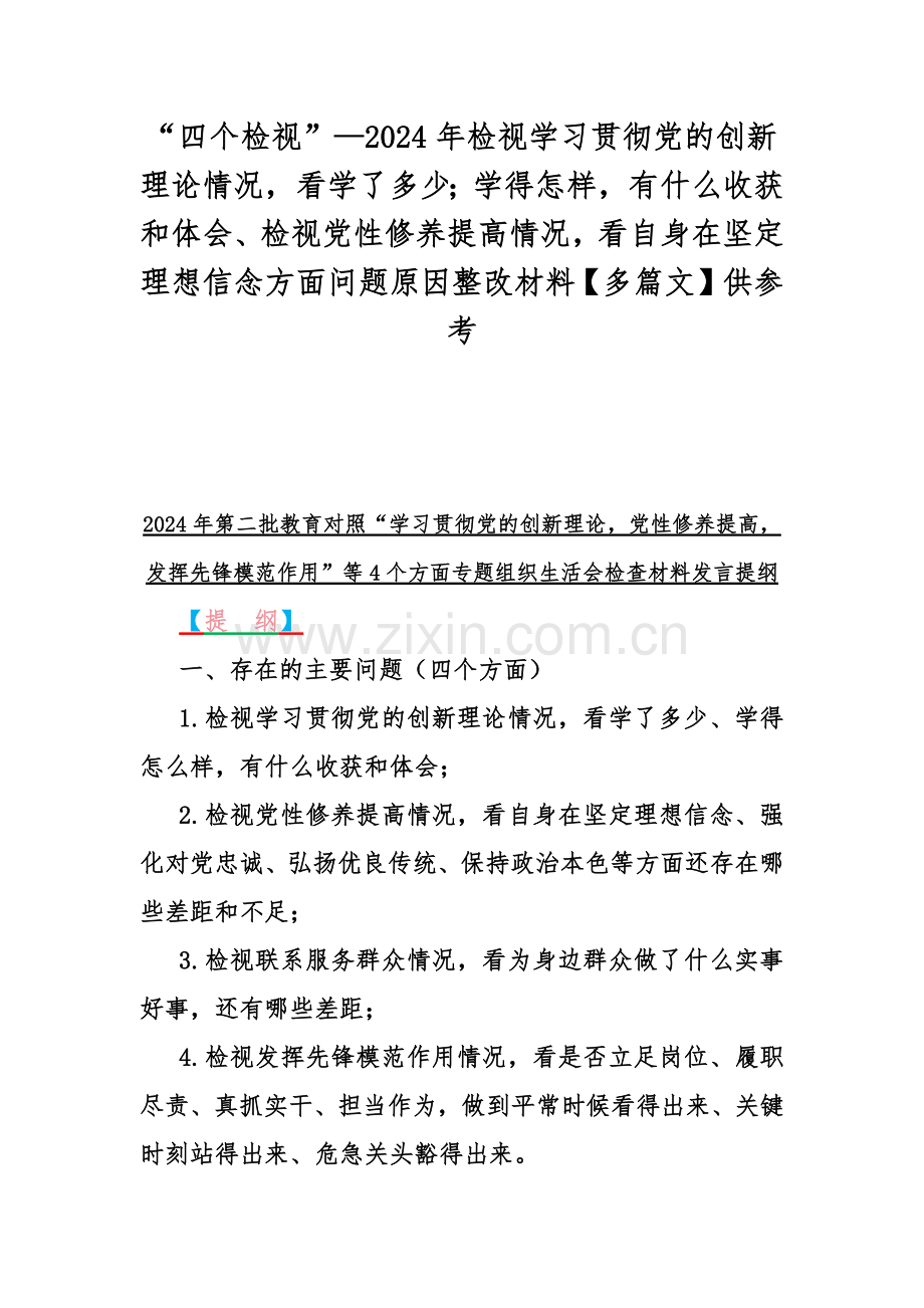 “四个检视”—2024年检视学习贯彻党的创新理论情况看学了多少；学得怎样有什么收获和体会、检视党性修养提高情况看自身在坚定理想信念方面问题原因整改材料【多篇文】供参考.docx_第1页