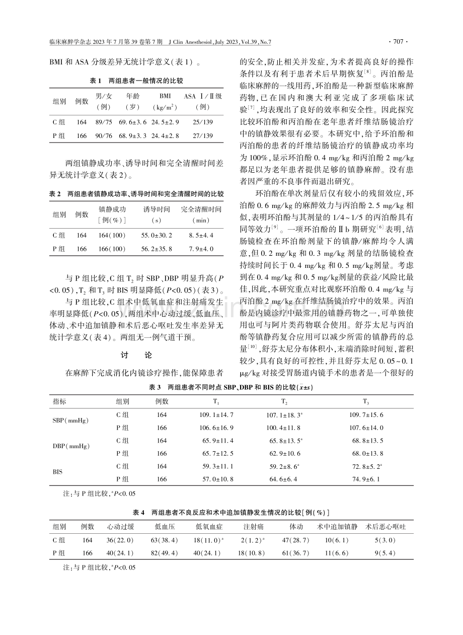 环泊酚和丙泊酚在老年患者纤维结肠镜治疗中镇静效果比较.pdf_第3页