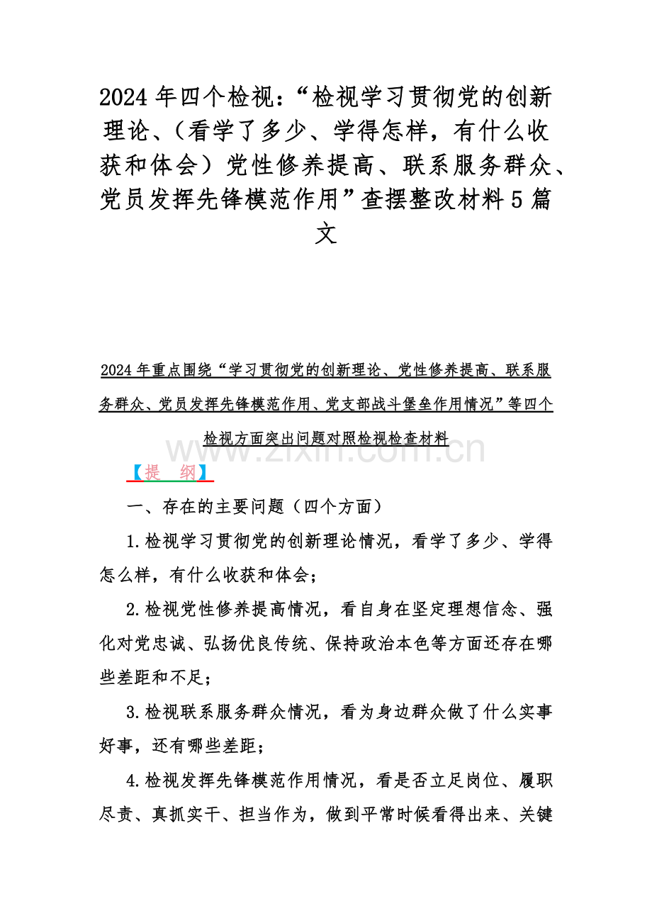 2024年四个检视：“检视学习贯彻党的创新理论、（看学了多少、学得怎样有什么收获和体会）党性修养提高、联系服务群众、党员发挥先锋模范作用”查摆整改材料5篇文.docx_第1页