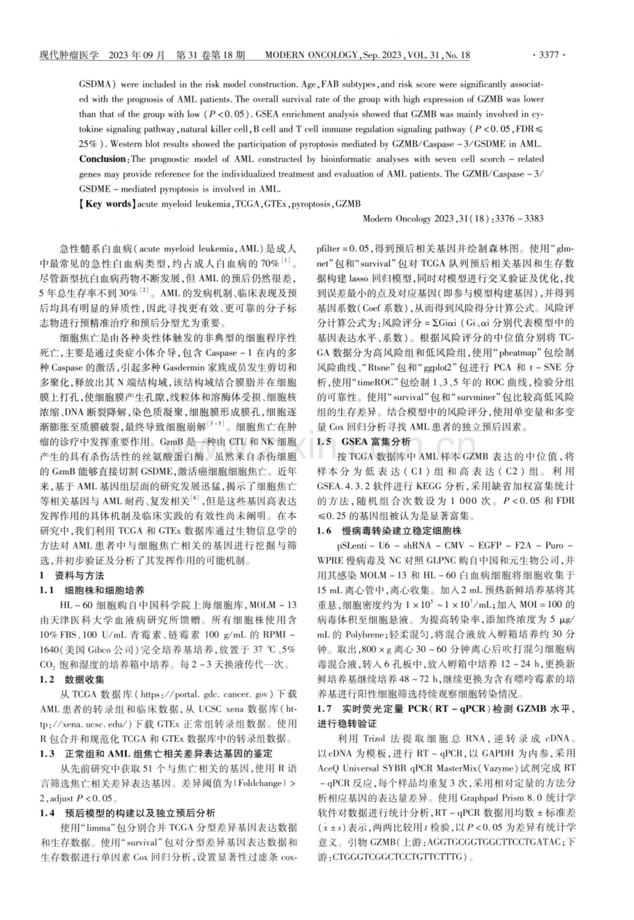 基于基因表达数据库的急性髓系白血病细胞焦亡预后分析及GZMB调节机制研究.pdf_第2页