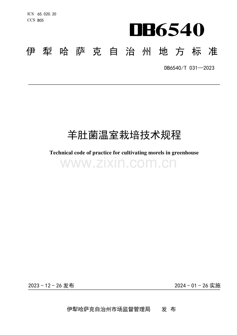 DB6540∕T 031-2023 羊肚菌温室栽培技术规程(伊犁哈萨克自治州).pdf_第1页