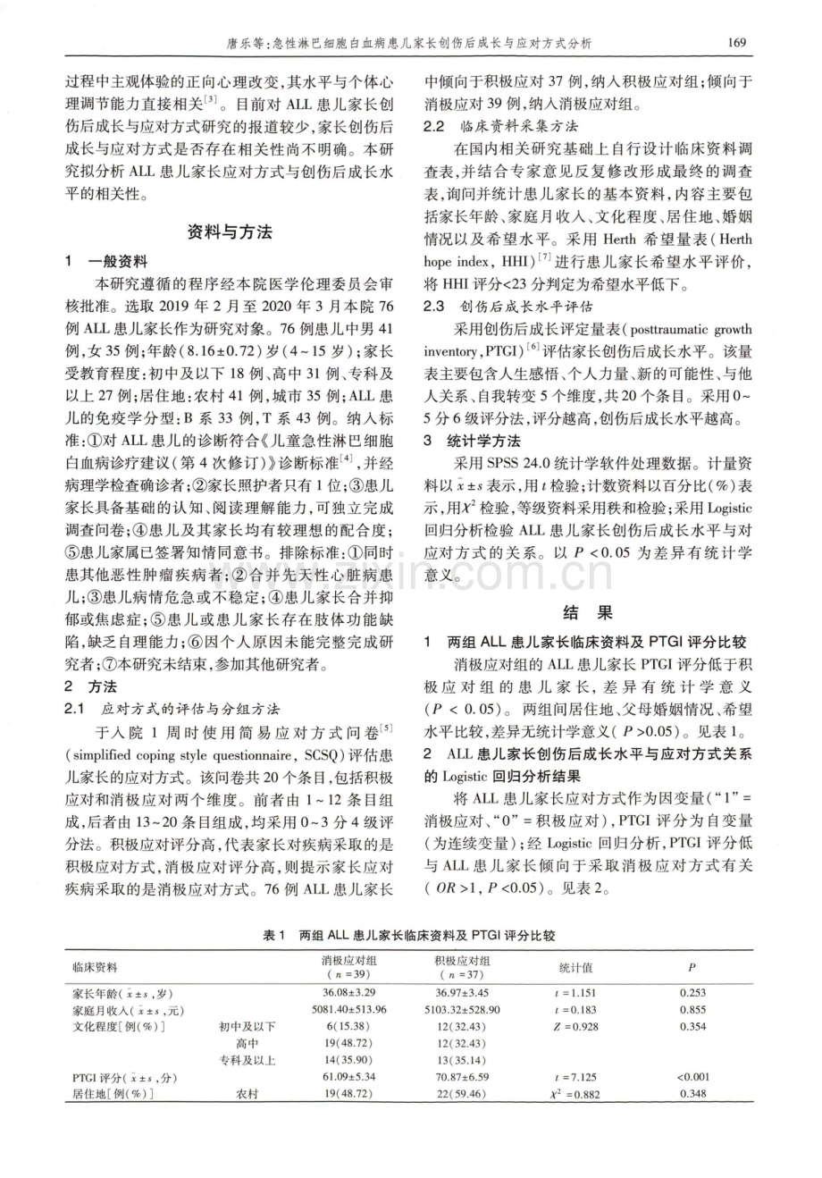 急性淋巴细胞白血病患儿家长创伤后成长与应对方式分析.pdf_第2页