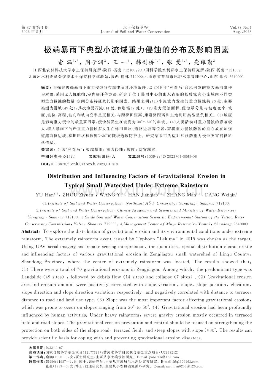 极端暴雨下典型小流域重力侵蚀的分布及影响因素.pdf_第1页