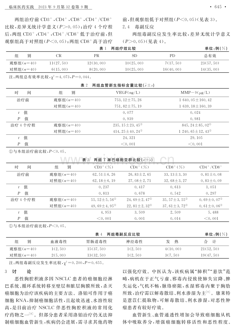 康莱特联合洛铂治疗NSCLC伴恶性胸腔积液的疗效及对VEGF和MMP-9及T淋巴细胞水平的影响.pdf_第3页