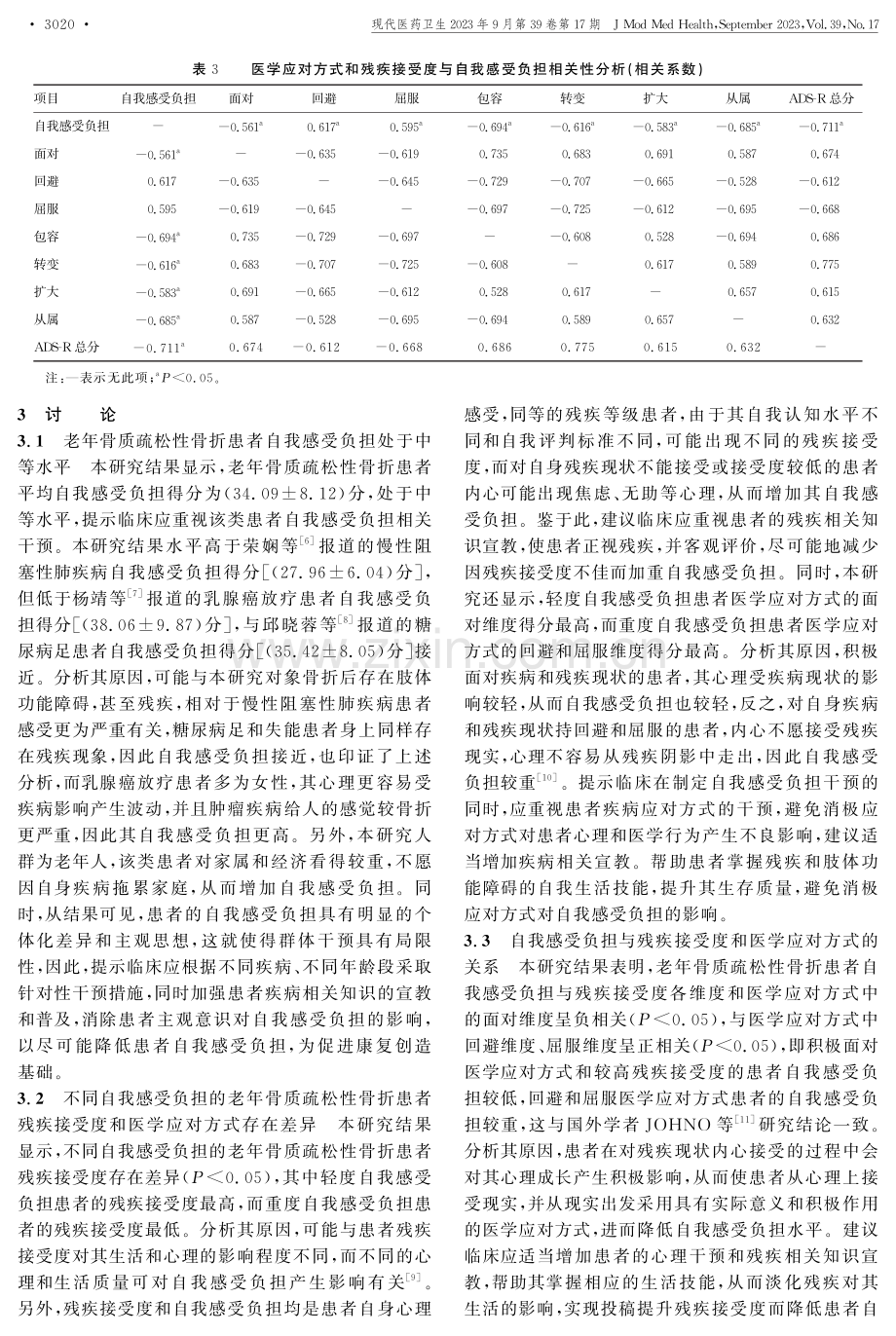 老年骨质疏松性骨折患者自我感受负担现状及与医学应对方式和残疾接受度相关性分析.pdf_第3页