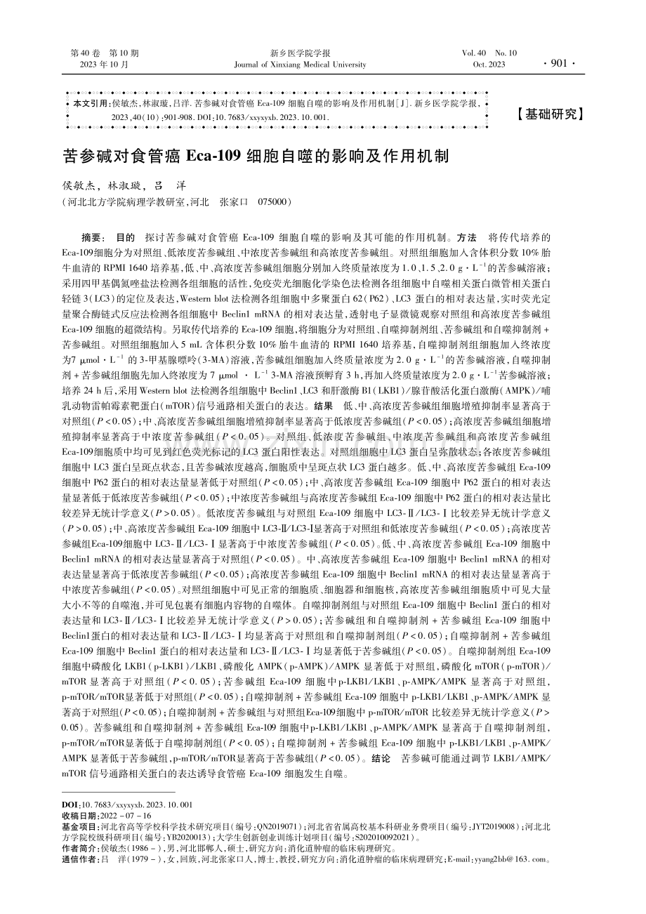 苦参碱对食管癌Eca-109细胞自噬的影响及作用机制.pdf_第1页