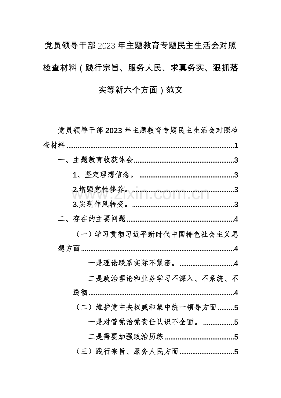 两篇：党员领导干部2023年主题教育专题对照检查材料（践行宗旨、服务人民、求真务实、狠抓落实等新六个方面）范文.docx_第1页