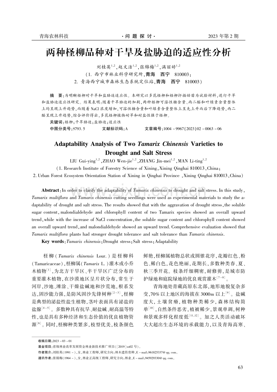 两种柽柳品种对干旱及盐胁迫的适应性分析.pdf_第1页