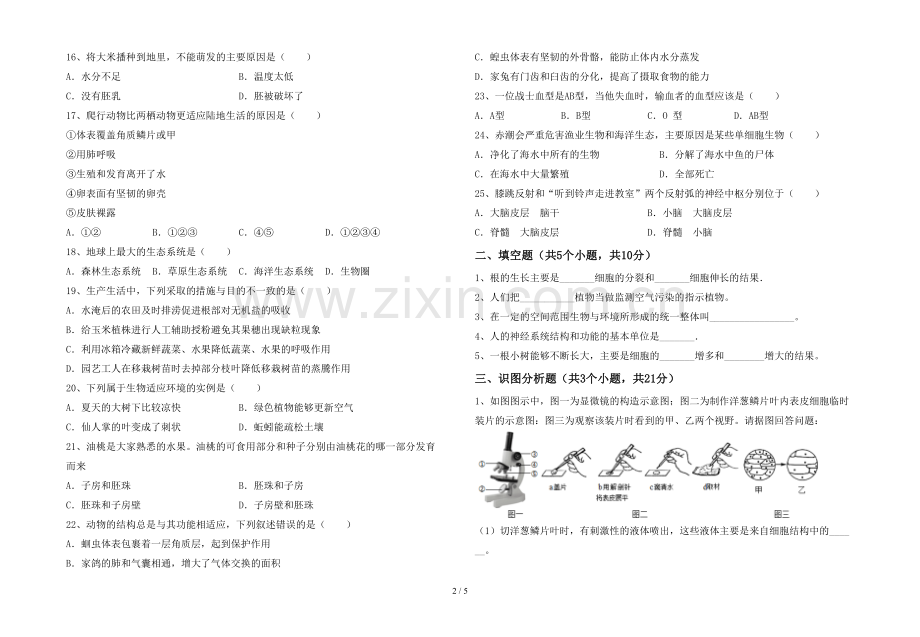 初中七年级生物上册期末测试卷(完整).doc_第2页