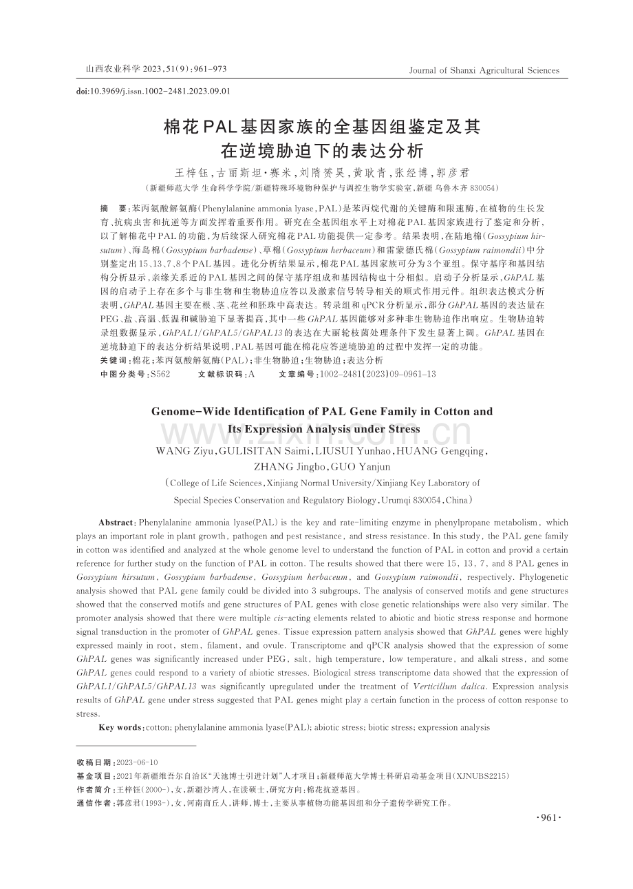 棉花PAL基因家族的全基因组鉴定及其在逆境胁迫下的表达分析.pdf_第1页