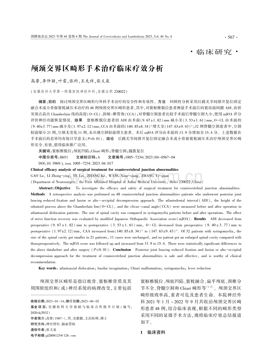 颅颈交界区畸形手术治疗临床疗效分析.pdf_第1页