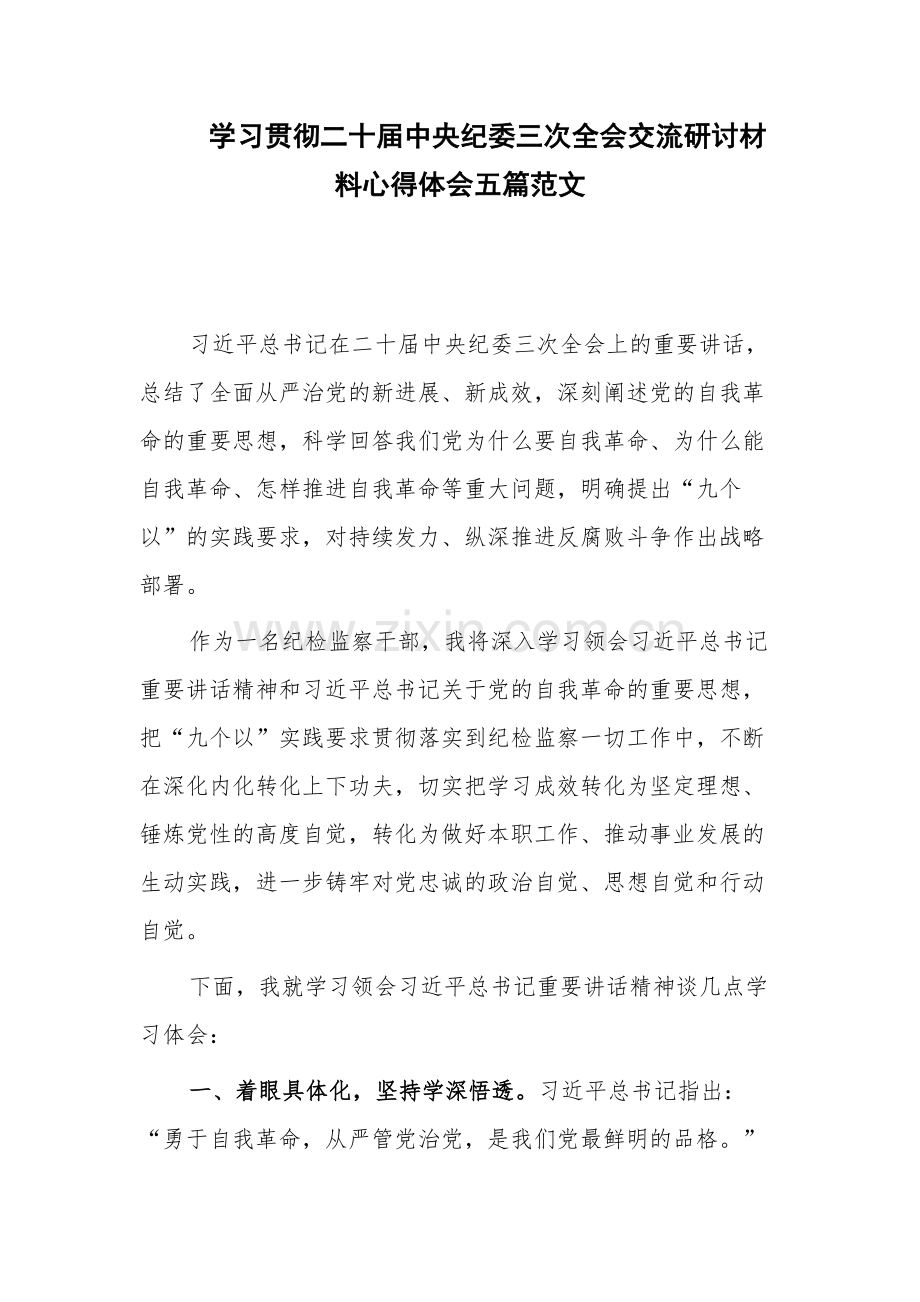 学习贯彻二十届中央纪委三次全会交流研讨材料心得体会五篇范文.docx_第1页