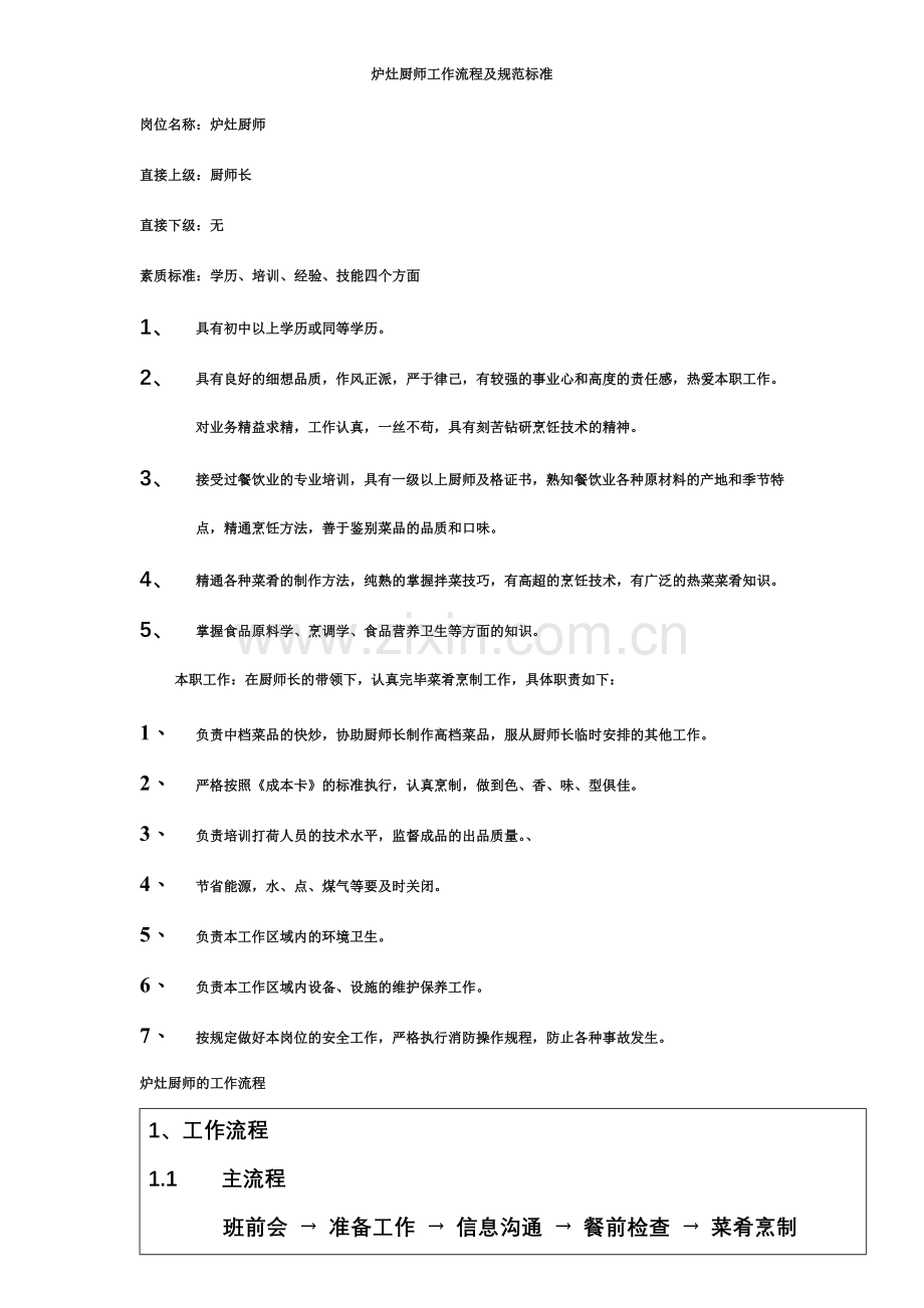 炉灶厨师岗位职责工作流程及规范标准.doc_第1页