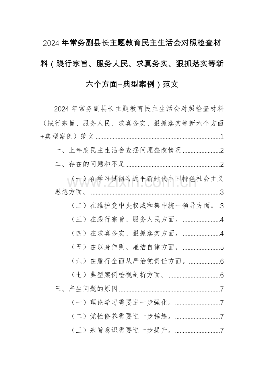 2024年常务主题教育对照检查材料（践行宗旨、服务人民、求真务实、狠抓落实等新六个方面+典型案例）范文.docx_第1页