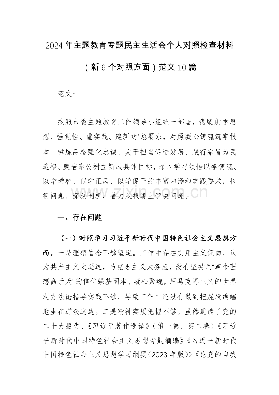 2024年主题教育专题个人对照检查材料（新6个对照方面）范文10篇.docx_第1页