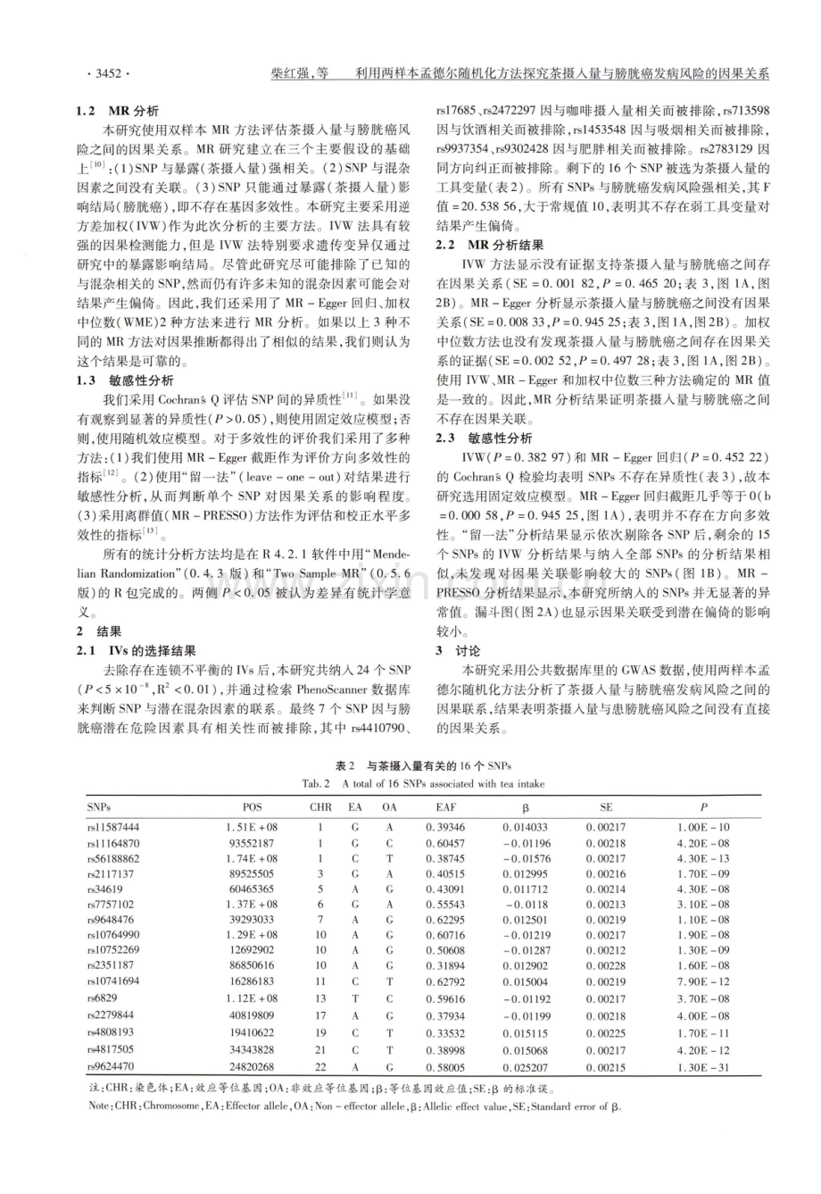 利用两样本孟德尔随机化方法探究茶摄入量与膀胱癌发病风险的因果关系.pdf_第3页