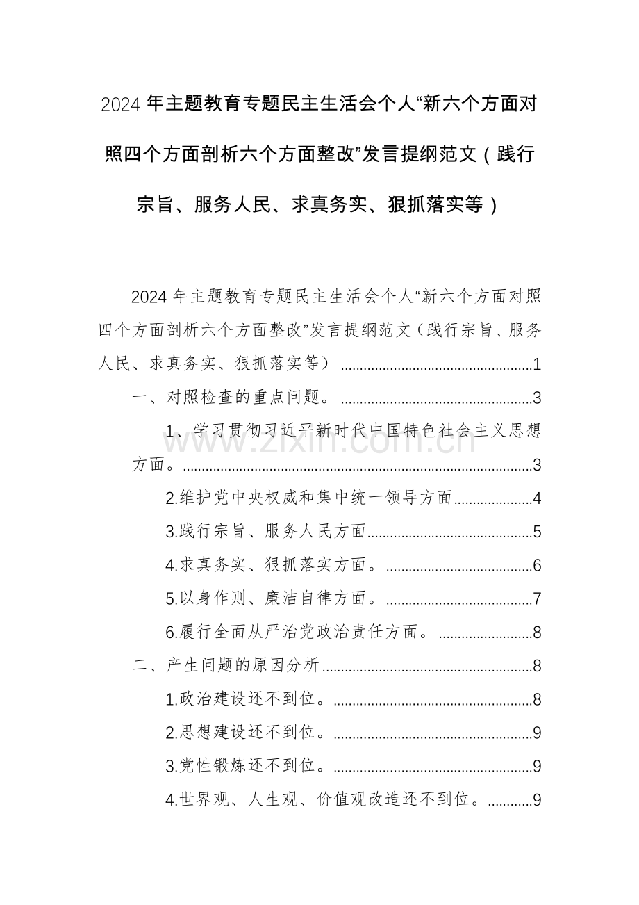 2024年主题教育专题个人“新六个方面对照四个方面剖析六个方面整改”发言提纲范文（践行宗旨、服务人民、求真务实、狠抓落实等）.docx_第1页