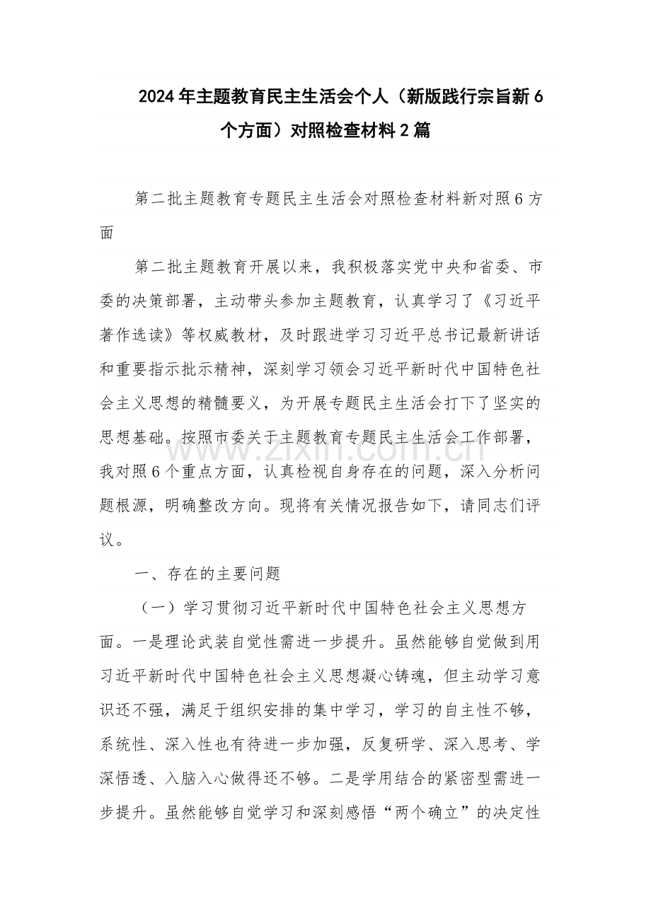 2024年主题教育个人（新版践行宗旨新6个方面）对照检查材料2篇.docx_第1页