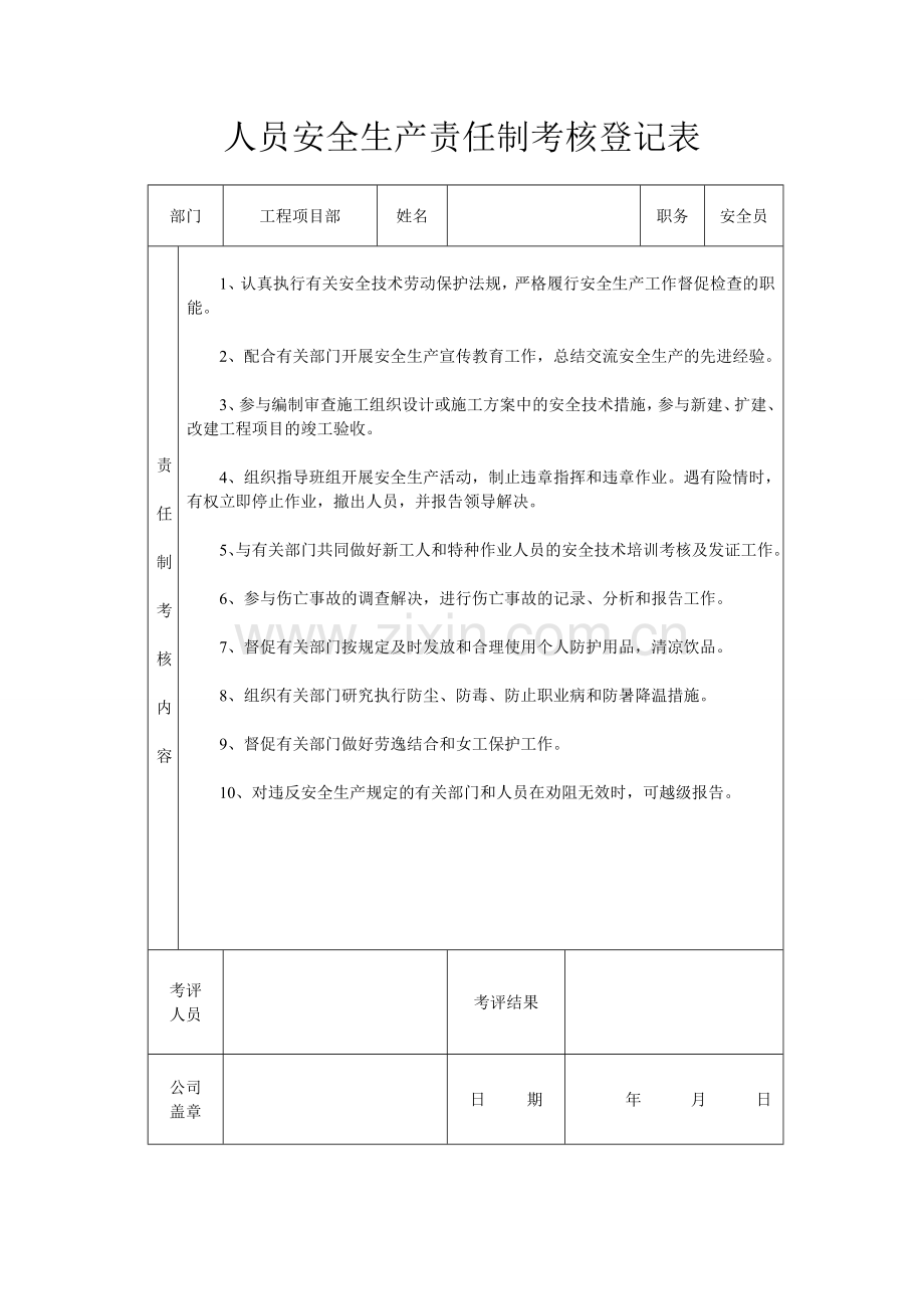 建筑工地项目部各级人员安全生产责任制考核表.doc_第1页