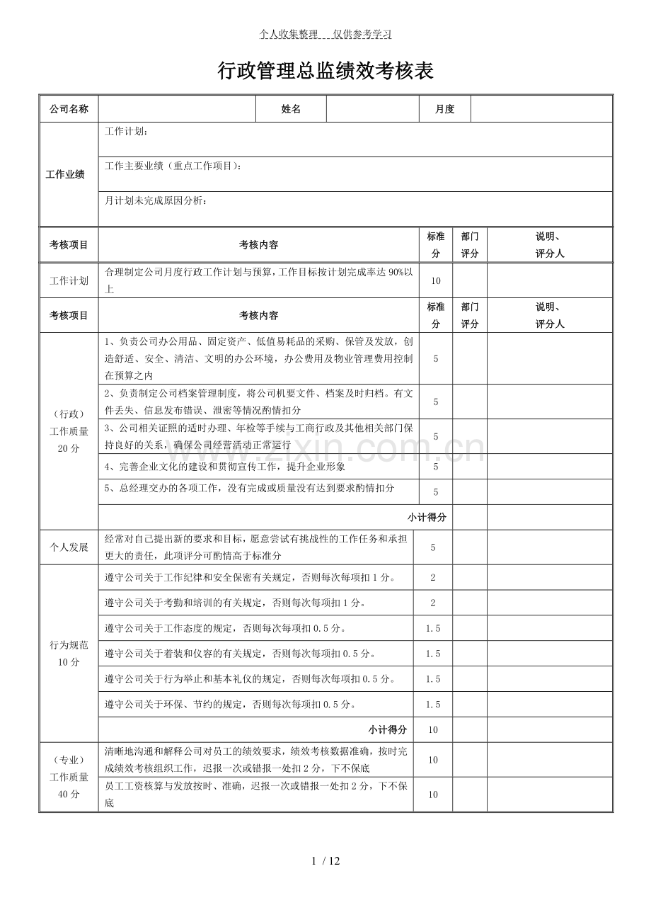 行政人事管理绩效考核表.doc_第1页