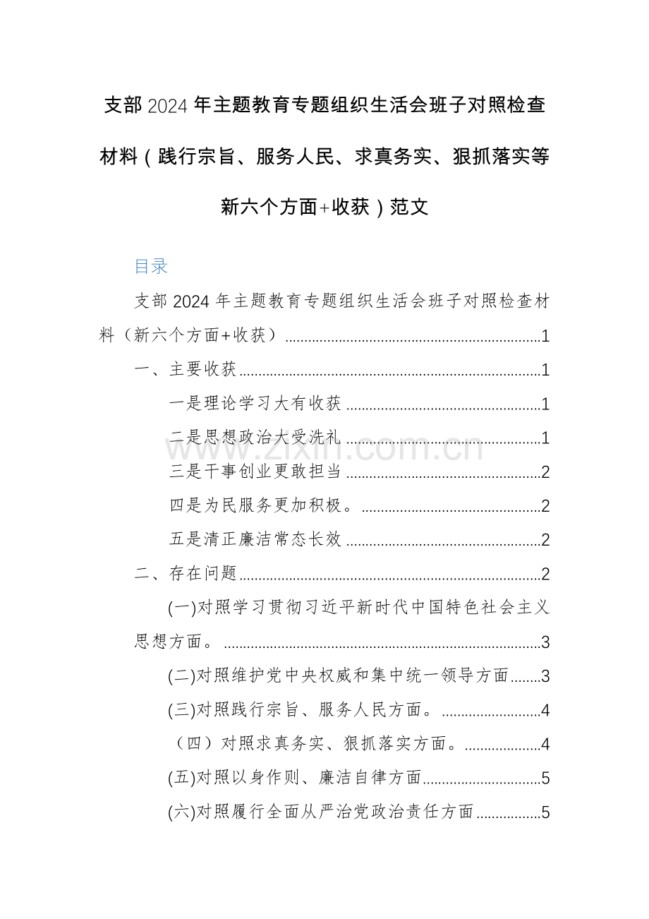 支部2024年主题教育专题组织生活会班子对照检查材料（践行宗旨、服务人民、求真务实、狠抓落实等新六个方面+收获）范文.docx_第1页