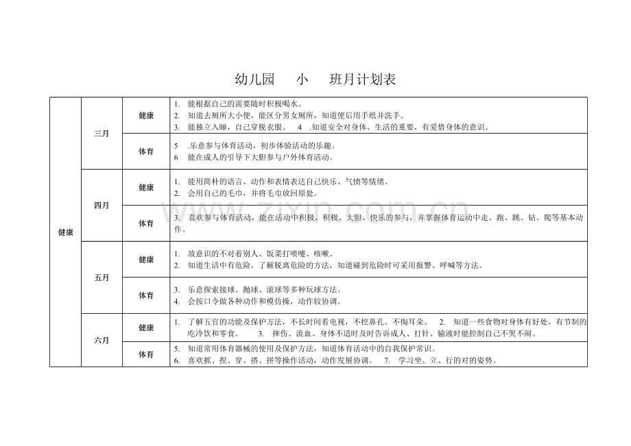 幼儿园小班月计划表.doc_第1页