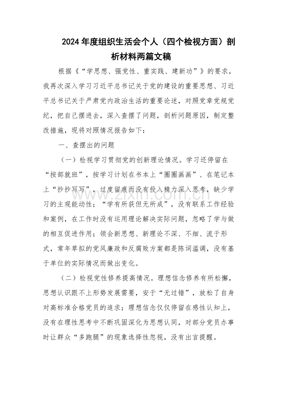 2024年度组织生活会个人（四个检视方面）剖析材料两篇文稿.docx_第1页