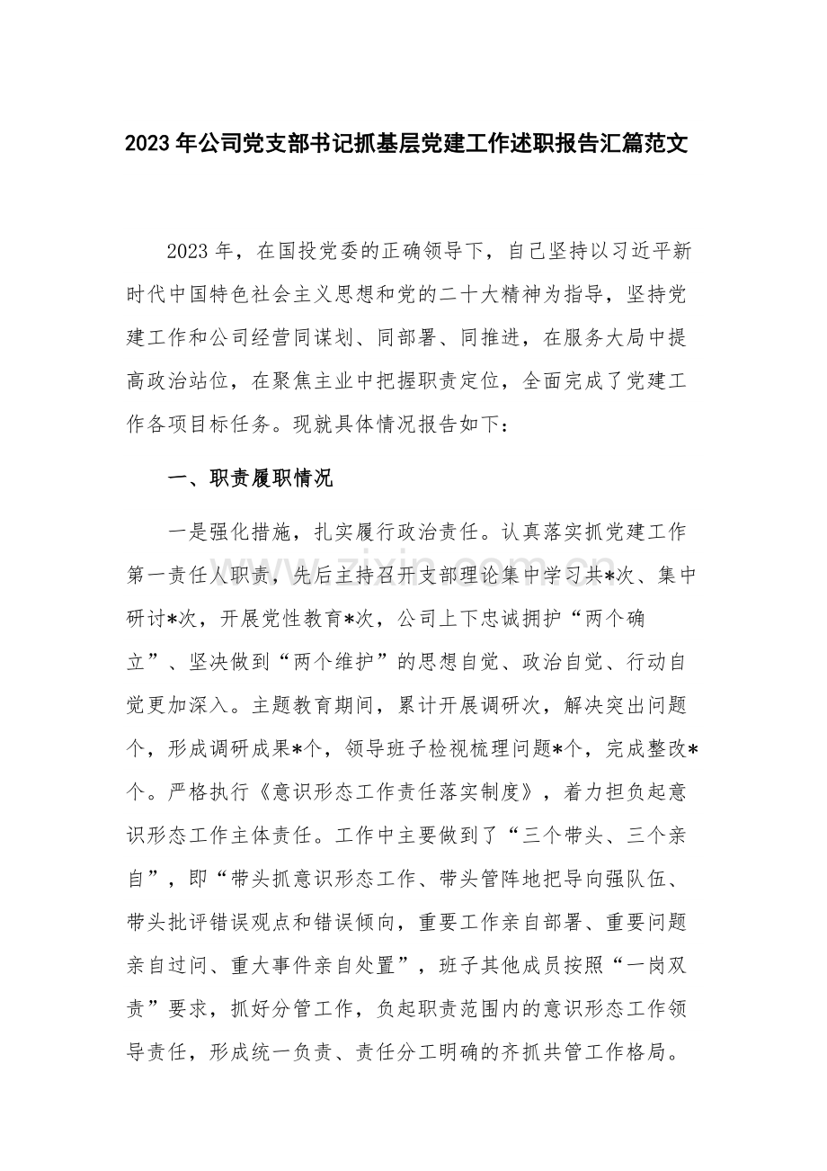 2023年公司党支部书记抓基层党建工作述职报告汇篇范文.docx_第1页