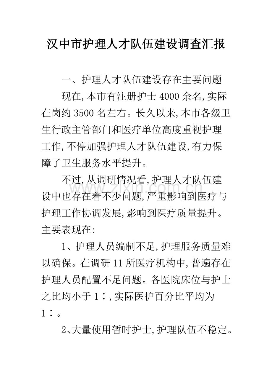 汉中市护理人才队伍建设调查报告.docx_第1页