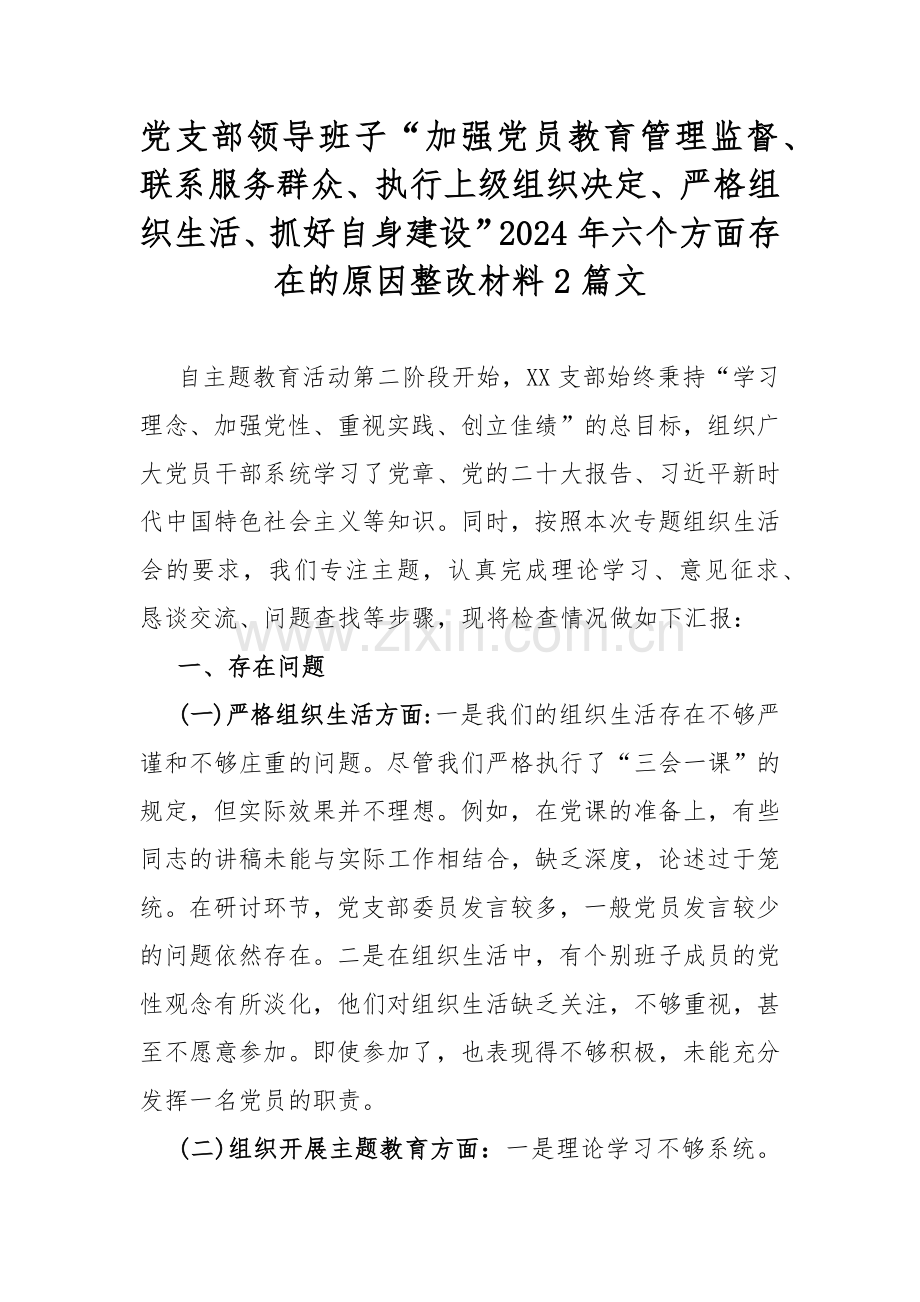 党支部领导班子“加强党员教育管理监督、联系服务群众、执行上级组织决定、严格组织生活、抓好自身建设”2024年六个方面存在的原因整改材料2篇文.docx_第1页