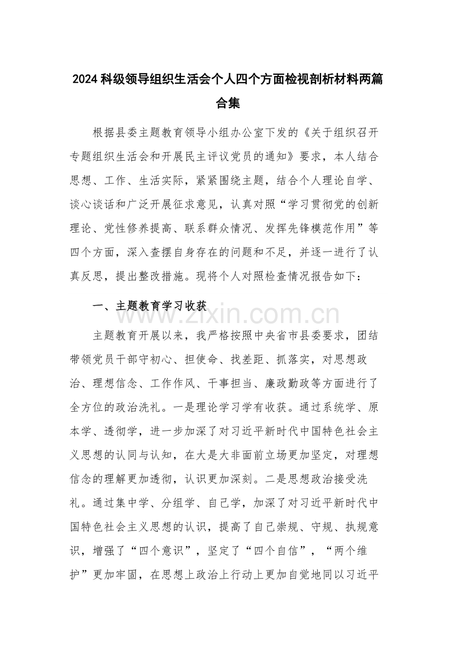 2024科级领导组织生活会个人四个方面检视剖析材料两篇合集.docx_第1页