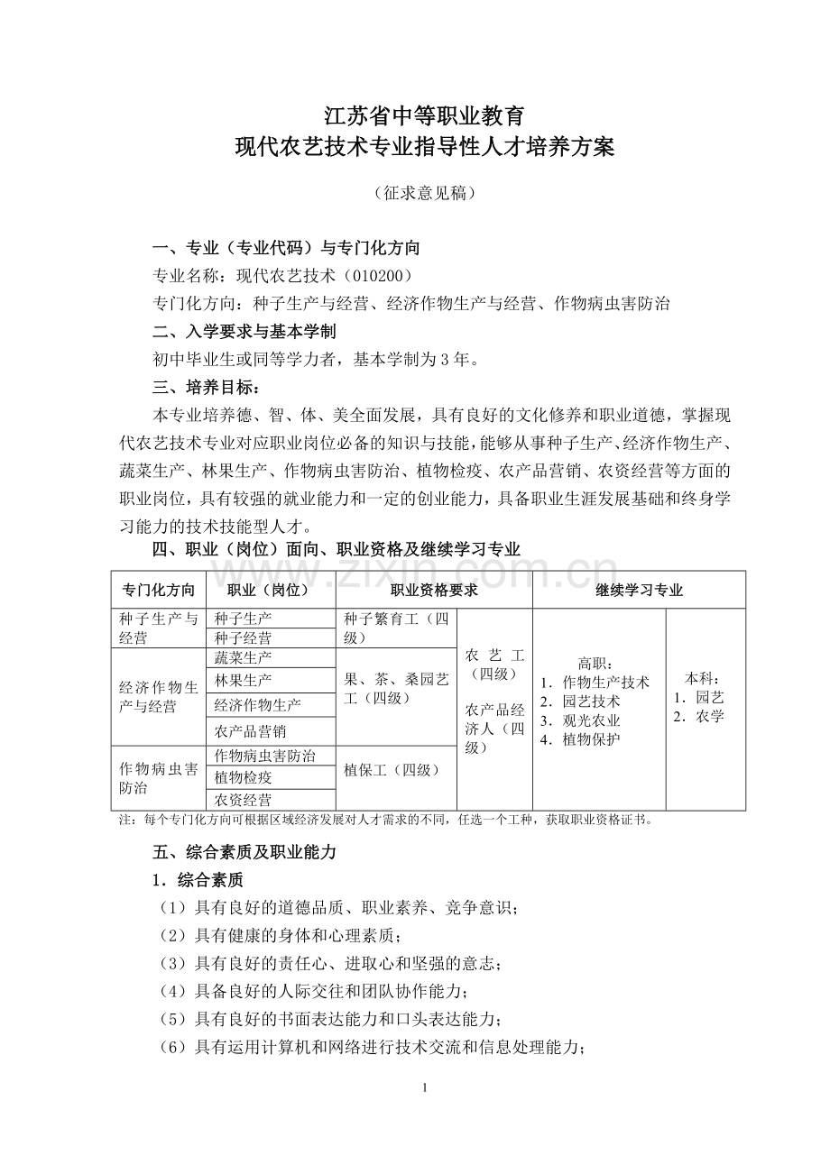 中等职业教育现代农艺技术专业指导性人才培养方案(征求意见稿).doc_第1页