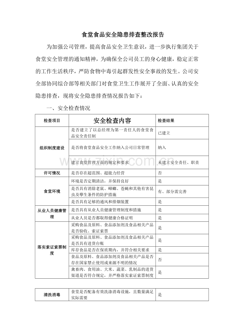 食堂食品安全隐患排查整治报告.doc_第1页