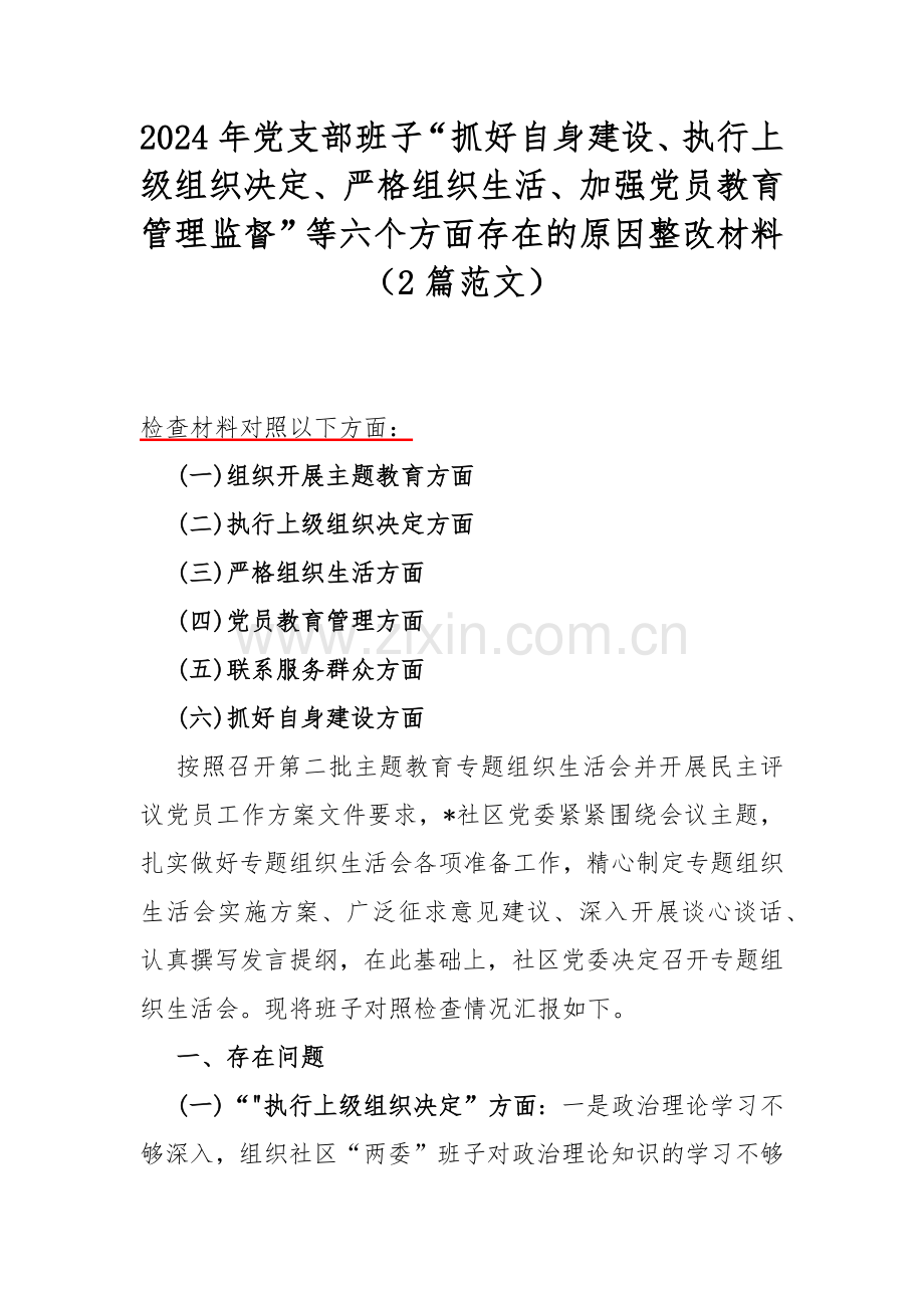 2024年党支部班子“抓好自身建设、执行上级组织决定、严格组织生活、加强党员教育管理监督”等六个方面存在的原因整改材料（2篇范文）.docx_第1页