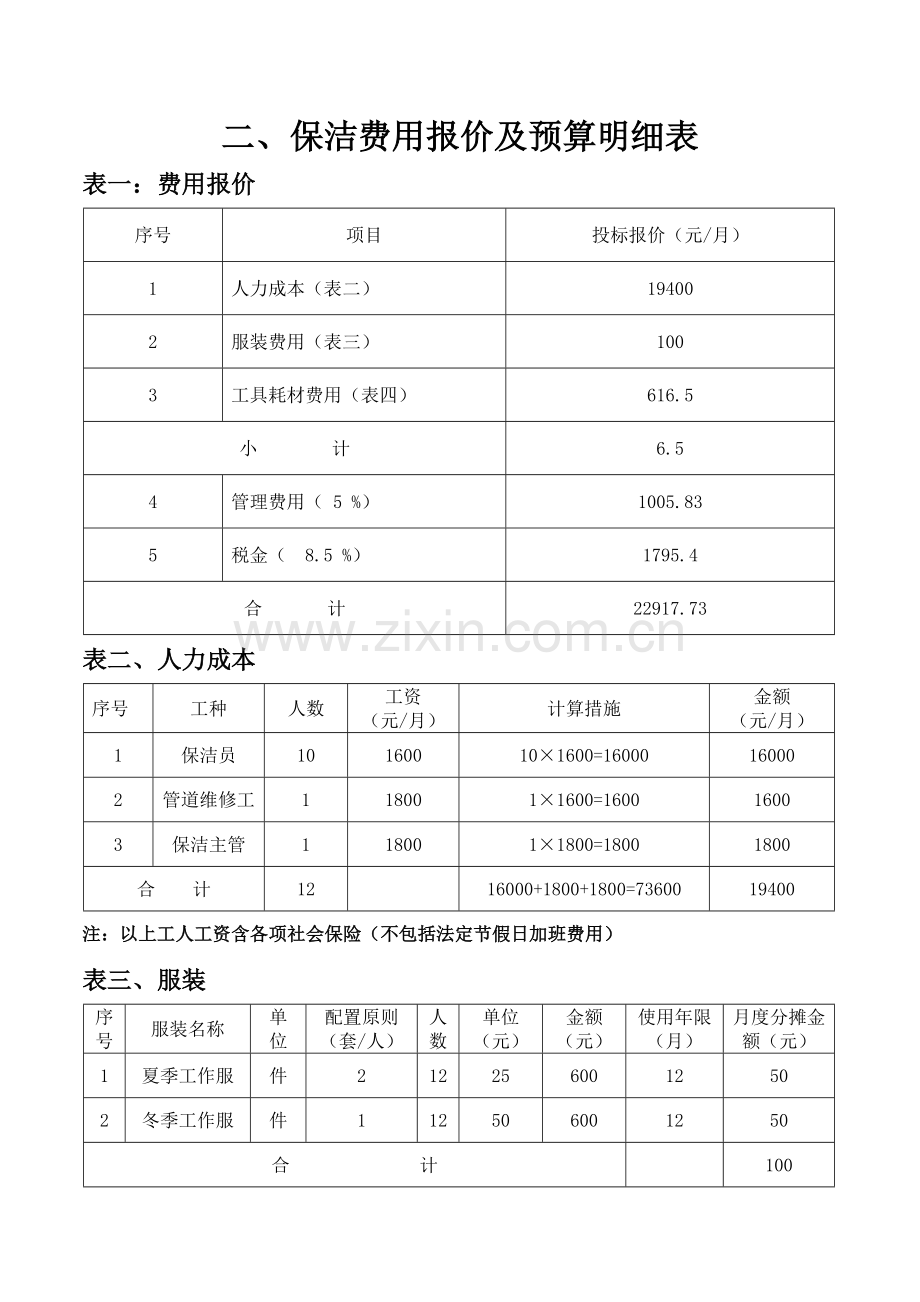 保洁费用报价及预算明细表.doc_第1页