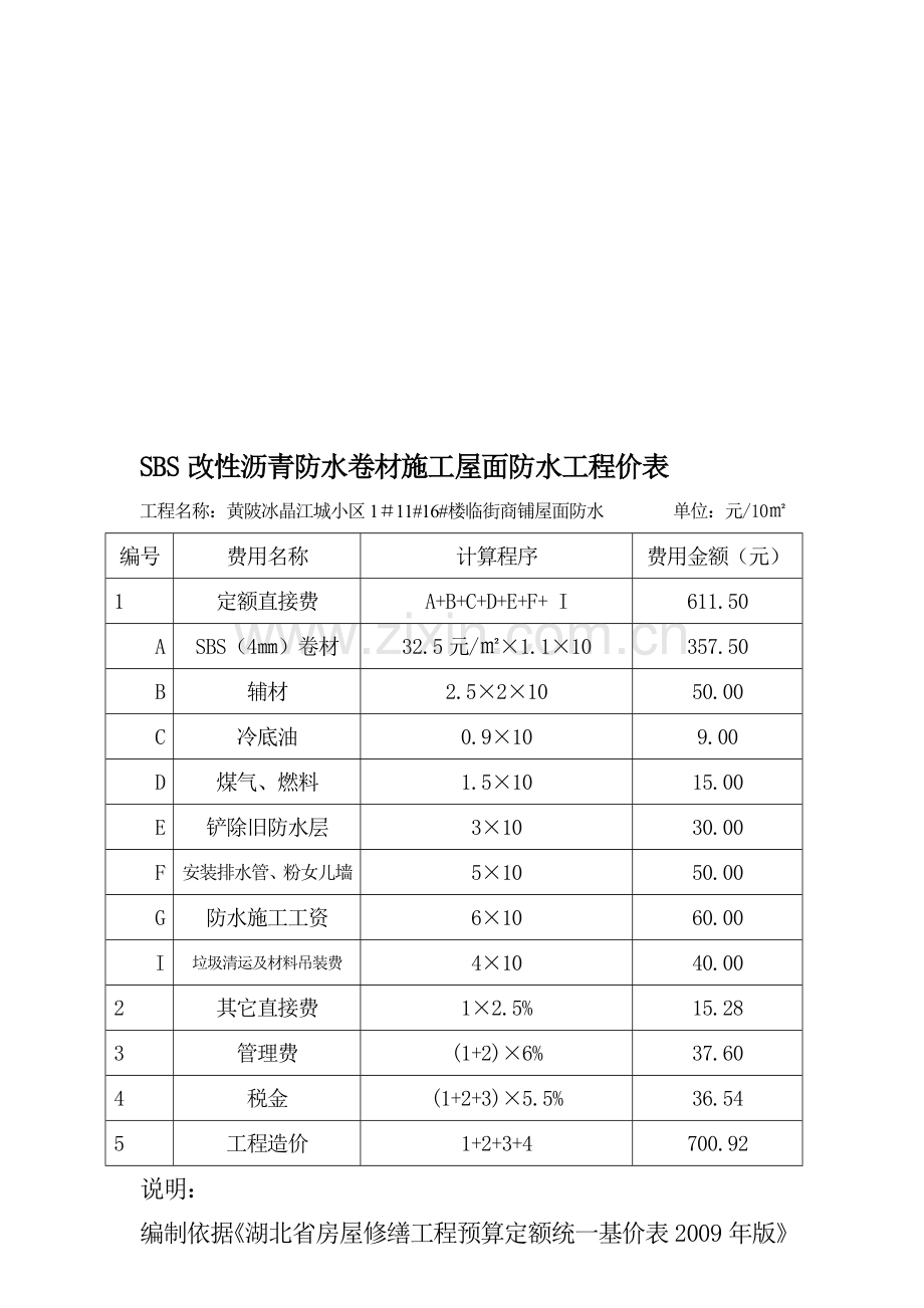 SBS改性沥青防水卷材施工屋面防水工程价格预算表.doc_第1页