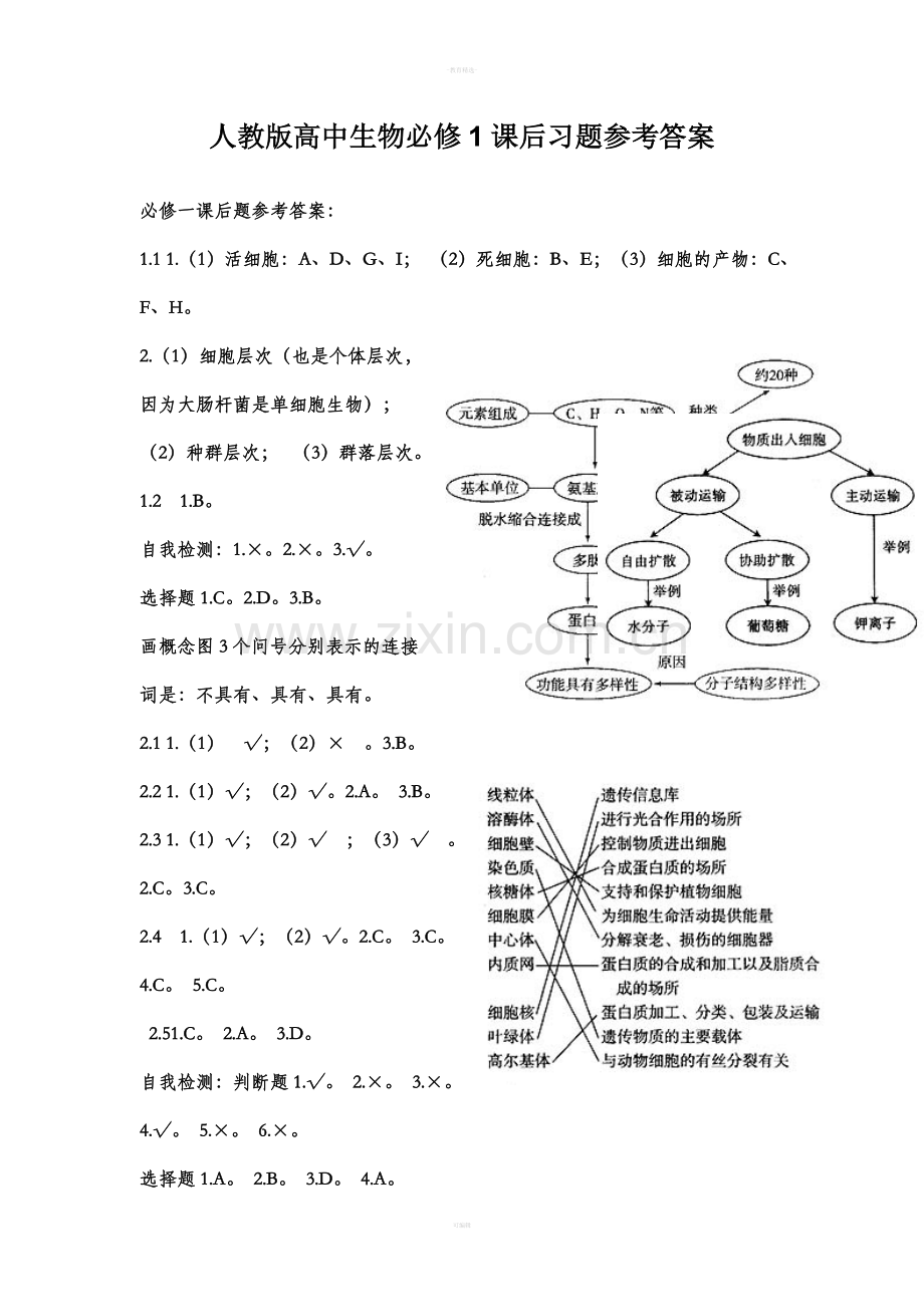 人教版高中生物必修1课后习题参考答案.doc_第1页