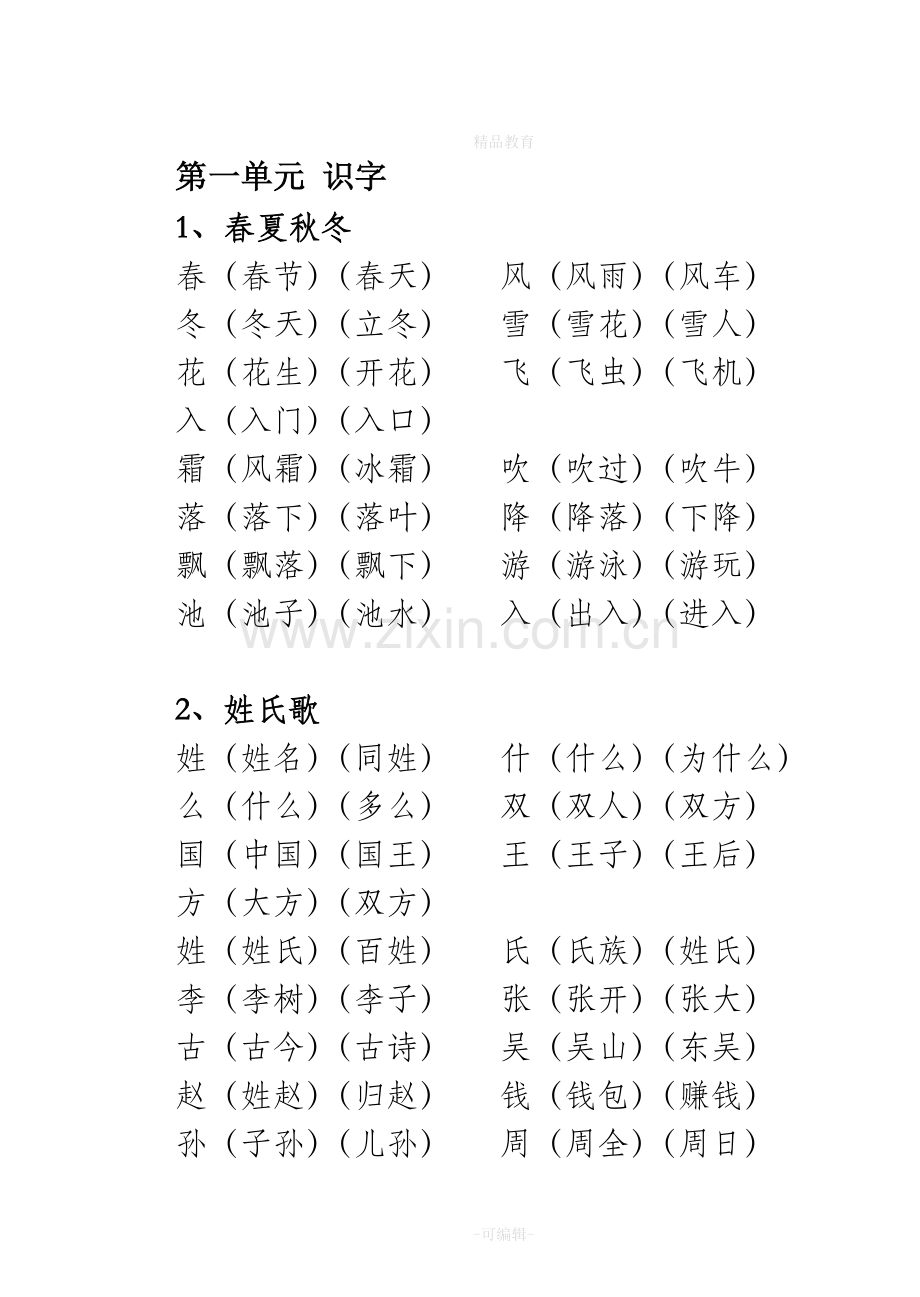 人教版一年级语文下册生字表识字表组词.doc_第1页