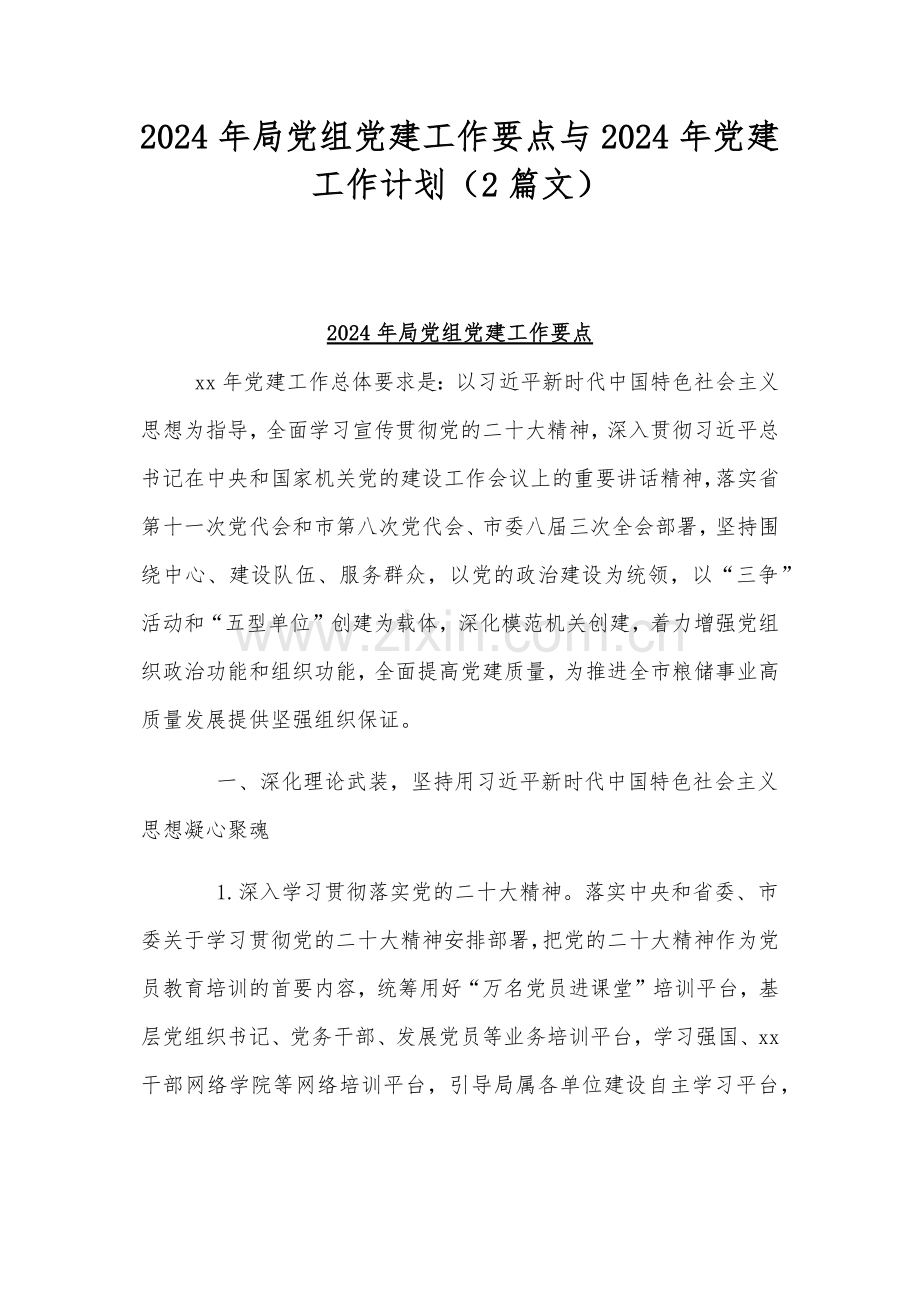 2024年局党组党建工作要点与2024年党建工作计划（2篇文）.docx_第1页