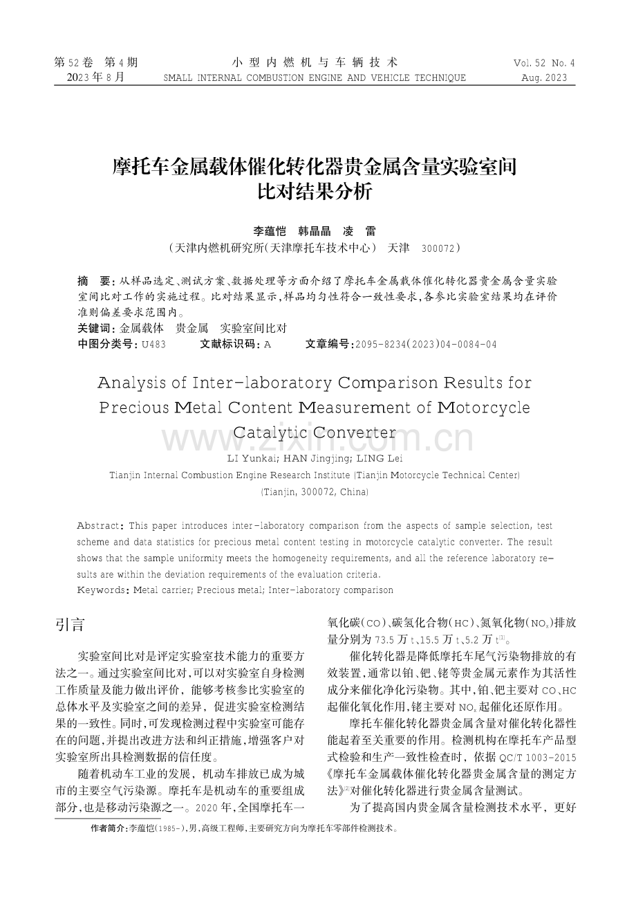 摩托车金属载体催化转化器贵金属含量实验室间比对结果分析.pdf_第1页