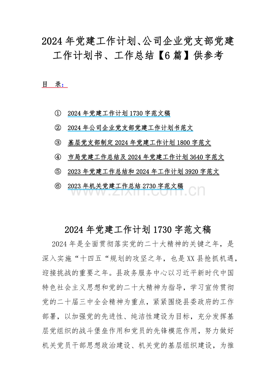 2024年党建工作计划、公司企业党支部党建工作计划书、工作总结【6篇】供参考.docx_第1页