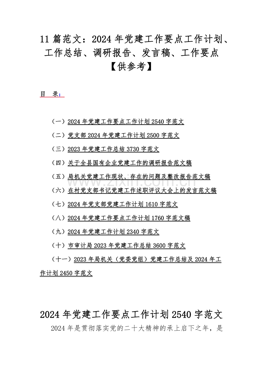 11篇范文：2024年党建工作要点工作计划、工作总结、调研报告、发言稿、工作要点【供参考】.docx_第1页