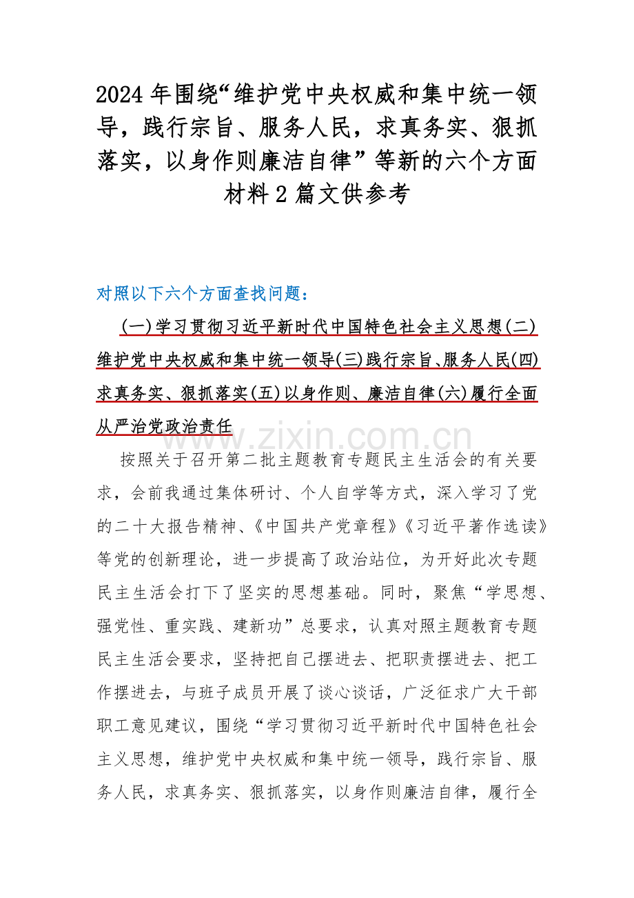 2024年围绕“维护党中央权威和集中统一领导践行宗旨、服务人民求真务实、狠抓落实以身作则廉洁自律”等新的六个方面材料2篇文供参考.docx_第1页