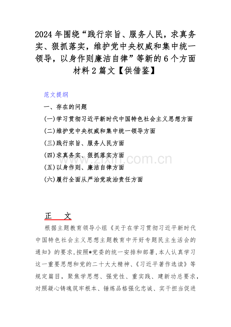 2024年围绕“践行宗旨、服务人民求真务实、狠抓落实维护党中央权威和集中统一领导以身作则廉洁自律”等新的6个方面材料2篇文【供借鉴】.docx_第1页