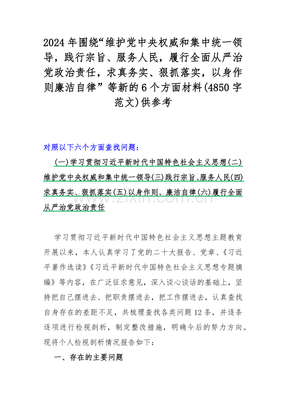 2024年围绕“维护党中央权威和集中统一领导践行宗旨、服务人民履行全面从严治党政治责任求真务实、狠抓落实以身作则廉洁自律”等新的6个方面材料(4850字范文)供参考.docx_第1页