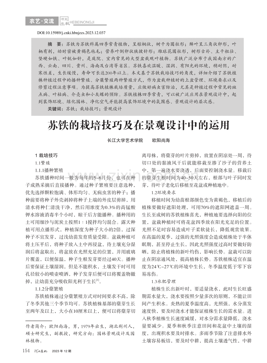 苏铁的栽培技巧及在景观设计中的运用_欧阳尚海.pdf_第1页