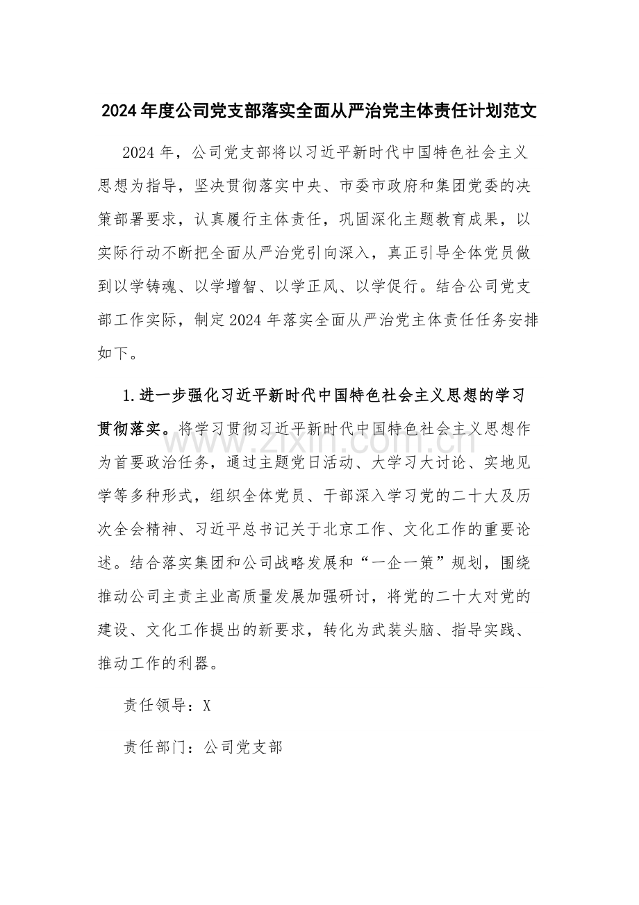 2024年度公司党支部落实全面从严治党主体责任计划范文.docx_第1页